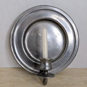 Antique Vintage Primitive Pewter Round Wall Candle Holder Sconce 19th Century